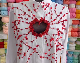Missing Heart, Stone Embroidered Heart Low-cut White Shirt