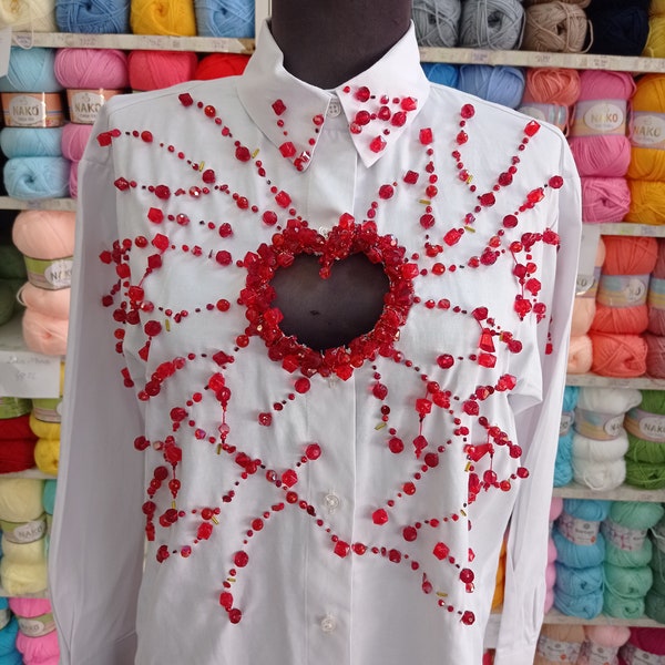 Missing Heart, Stone Embroidered Heart Low-cut White Shirt