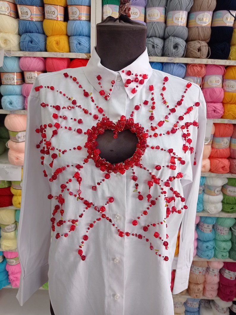 Missing Heart, Stone Embroidered Heart Low-cut White Shirt image 1