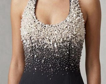 Hand-Embroidered Mother of Pearl Halter Top – Gradient Beaded Evening Bustier