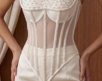Top corsé con perlas, bustier de malla transparente con varillas, corsé nupcial blanco, corpiño de lujo adornado, atuendo para invitada de boda.