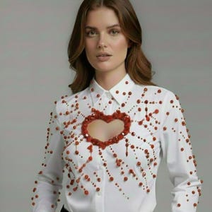 Top corto con perline e cuore ritagliato: camicia bianca ricamata - La scelta di Sabrina Carpenter