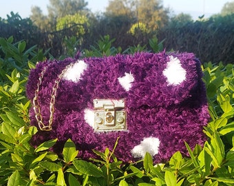 Handmade Milka Figure Shoulder Bag , Purple and White Fluffy Milka Chocolate Pattern Bag