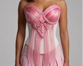 Pink Braided Hair Corset Top – Avant-Garde Woven Fiber Bustier, Festival Piece