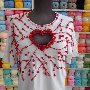 Missing Heart, Stone Embroidered Heart Low-cut White T-Shirt