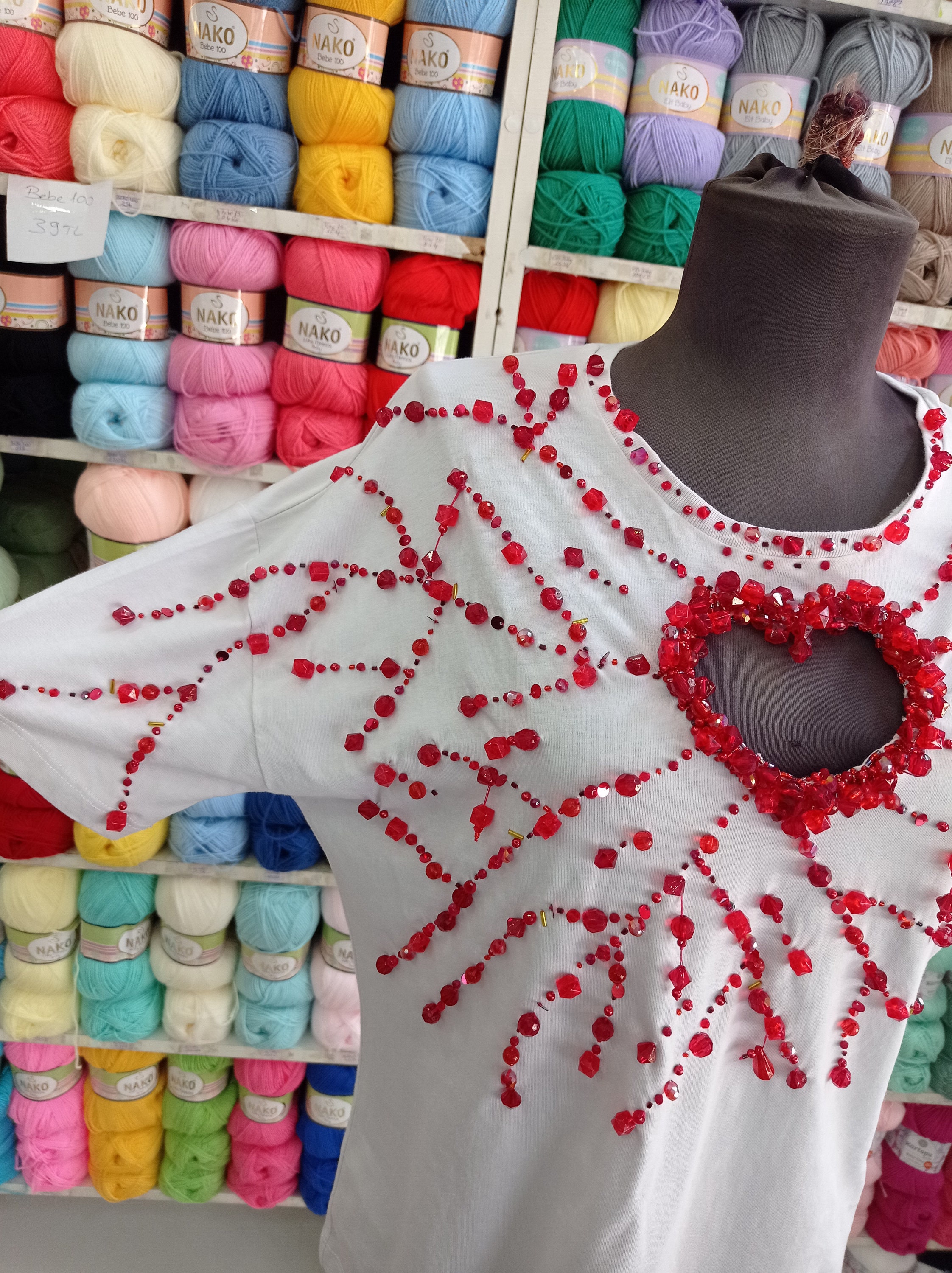 Missing Heart, Bead Embroidered Heart Low-cut White T-shirt