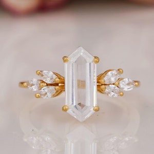 Elongated hexagon cut Moissanite engagement ring Yellow gold ring Marquise promise ring Art deco marriage ring Diamond wedding Bridal ring
