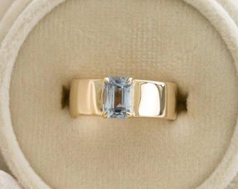 Emerald Cut Aquamarine Engagement Ring, Vintage 18k Solid Gold Anniversary Ring, March Birthstone Gifts Women, Bezel Aquamarine Ring For Her