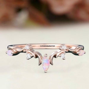 Marquise Opal Wedding Band, Unique Rose Gold Moissanite Curved Wedding Band, Vintage Art Deco Bridal Open Stacking Promise Gift Ring For Her