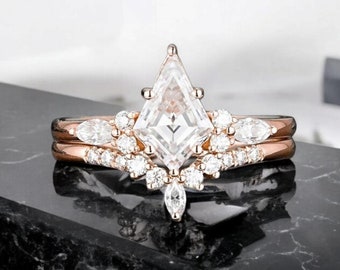 Juego de anillos de compromiso de moissanita con corte de cometa vintage, anillo exclusivo de oro rosa de 14 k con diamantes de talla marquesa de seis puntas para mujer, juego de anillos de boda para novia