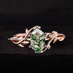 Long-Hexagon Cut Moss Agate Ring 925 Sterling Silver Ring Moss Agate Engagement Ring Branches Leaf Twig Nature Inspired Gift Ring For Her