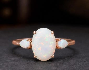 Anillo de compromiso de ópalo ovalado con corte de pera y engaste en garra, anillo de oro rosa de 14 k, anillo de bodas clásico vintage, anillo de novia minimalista.