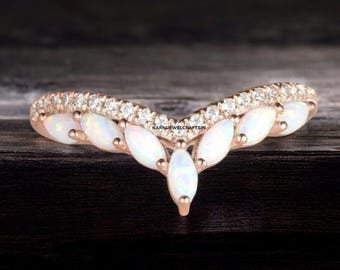 Marquise Cut Opal Curved Wedding Band, Round Moissanite Wedding Stacking Band, Rose Gold Ring Chevron Promise Anniversary Wedding Gift Ring