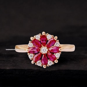 Ruby Cluster ring Marquise Shape Ruby Flower Ring, Floral Ruby Ring, July Birthstone Ring, Red Ruby Engagement Ring, Beautiful Wedding Ring
