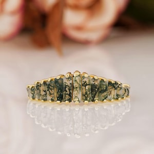 Baguette Moss Agate Wedding Band, Unique Yellow Gold Green Moss Agate Wedding Band, Half Eternity Matching Promise Anniversary Ring For Her