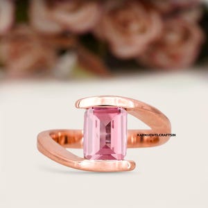 Art Deco 2ct Emerald Cut Pink Sapphire Engagement Ring, Unique Solid Gold Solitaire Wedding Ring, Pink Gemstone Promise Jewelry For Women