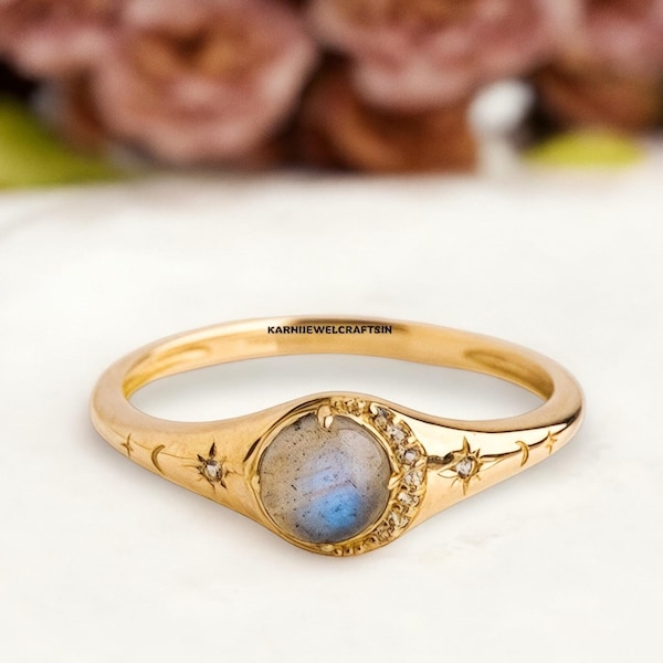 Natural Labradorite Diamond Summer jewelry, Moon Crescent Wedding Ring Diamond Moon And Star Ring Minimalist Summer Gift, Gift Ring For Her