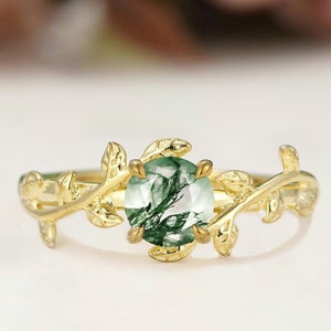 Vintage Round Green Moss Agate Ring, Unique Yellow Gold Leaf Engagement Ring, Nature Inspired Twig Wedding Ring, Anniversary Gift Ring