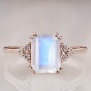 Antique Emerald Cut Moonstone Engagement Ring, Unique 14k Gold Cluster Ring, Handmade Art Deco Promise, Proposal, Bridal Ring, Gift For Her