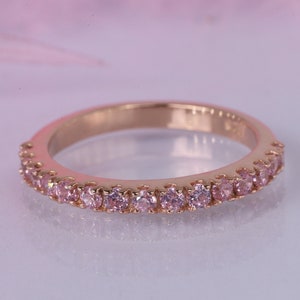 Pink Sapphire Eternity Band, Handmade Art Deco 14k Rose Gold Stacking Ring, September Birthstone Ring, Pave Sapphire Promise Band For Her
