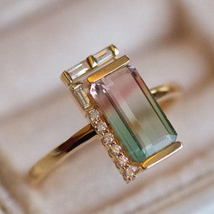 Watermelon Tourmaline Ring, Unique Engagement Ring, Bicolor Art Deco Baguette Ring, Pink Green Ring, Bridal Ring, Tourmaline Gemstone Ring