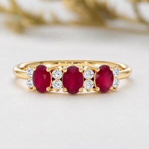 Natural Ruby Ring, 14k Ruby Stackable Ring, Round Diamonds and Oval Cut Rubies, Natural Stones and Genuine Gold, White, Yellow, Rose