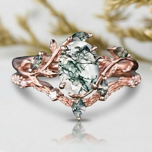 Vintage Oval Cut Moss Agate Engagement Ring Set,14k Rose Gold Art Deco Leaf Bridal & Wedding Ring Set, Green Gemstone Prong Setting Jewelry