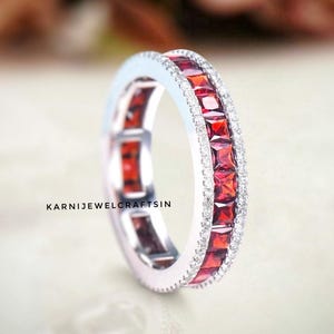 Princess Cut Garnet Wedding Band, 14K Rose Gold Bridal Band, Full Eternity Stacking Diamond Band, January Birthstone Jewelry, Promise Gift