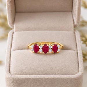 Natural Ruby Ring, 14k Ruby Stackable Ring, Round Diamonds and Oval Cut Rubies, Natural Stones and Genuine Gold, White, Yellow, Rose imagen 4