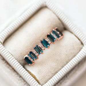 Vintage Baguette London Blue Topaz Engagement Ring, 18k Solid Gold London Blue Topaz Eternity Ring, Unique, Art Deco Dainty Stacking Ring