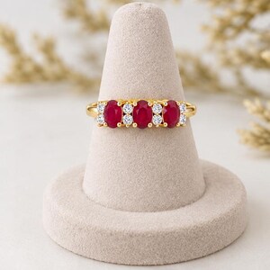 Natural Ruby Ring, 14k Ruby Stackable Ring, Round Diamonds and Oval Cut Rubies, Natural Stones and Genuine Gold, White, Yellow, Rose imagen 3