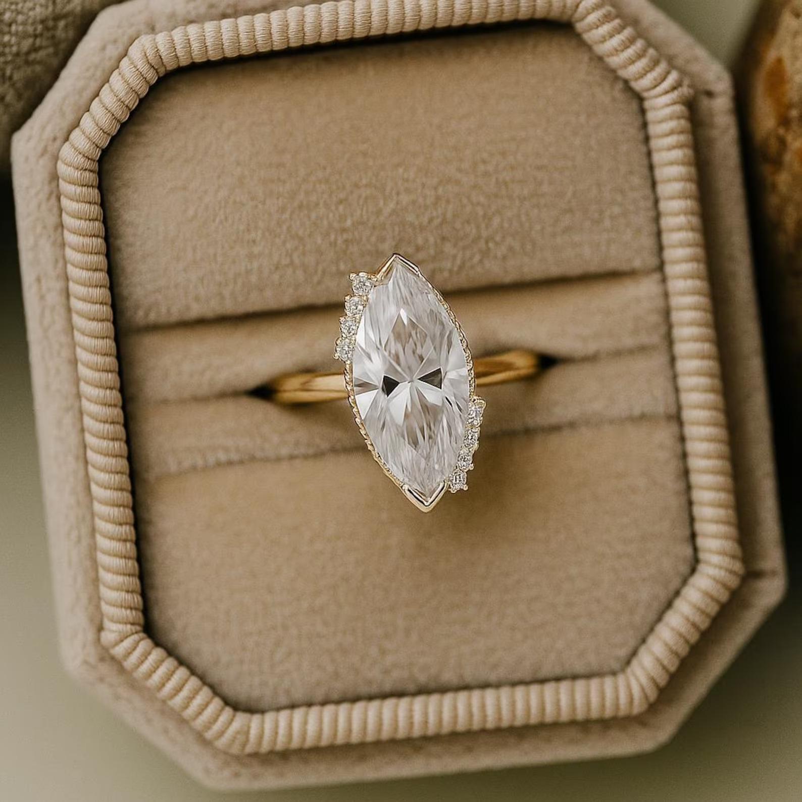 14K Solid Yellow Gold Marquise Cut Moissanite Engagement Ring, Vintage ...