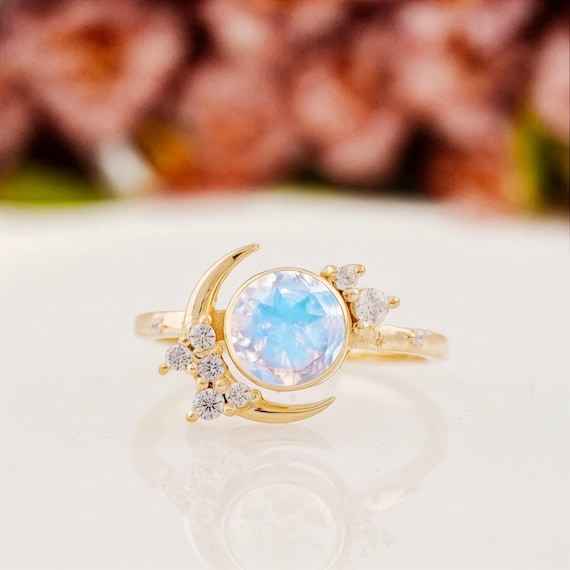 Unique Round Moonstone Moon Engagement Ring Sterling Silver
