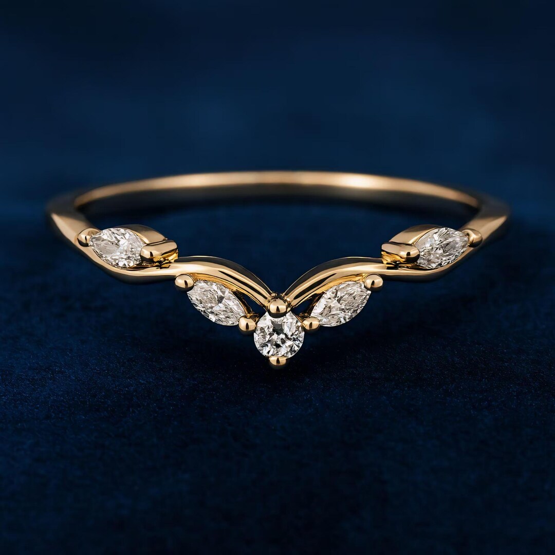 Marquise Cut Moissanite Curved Wedding Band, 14K Solid Yellow Gold Band ...
