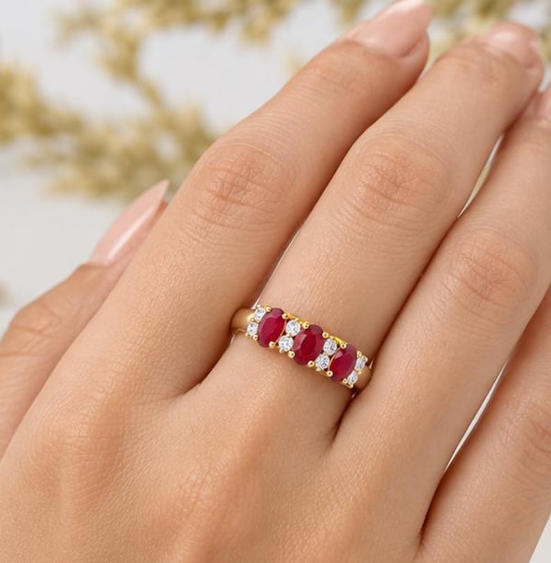 Natural Ruby Ring, 14k Ruby Stackable Ring, Round Diamonds and Oval Cut Rubies, Natural Stones and Genuine Gold, White, Yellow, Rose imagen 2