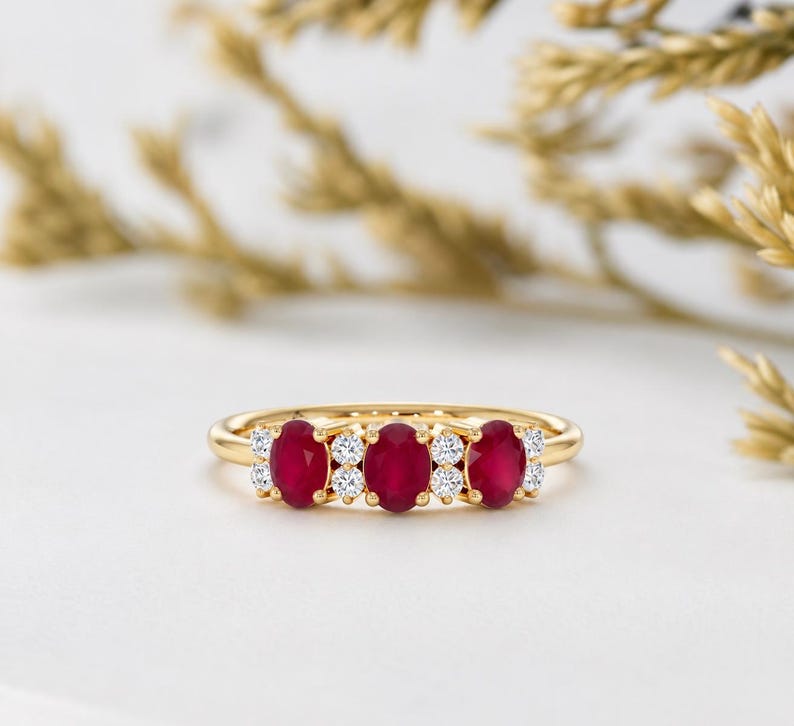 Natural Ruby Ring, 14k Ruby Stackable Ring, Round Diamonds and Oval Cut Rubies, Natural Stones and Genuine Gold, White, Yellow, Rose imagen 5