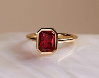 Emerald Cut Ruby Anniversary Ring, Bezel Set Solitaire Red Gemstone Ring, 14k Solid Gold Art Deco Ring, Gorgeous Handmade Ring, Gift for Her