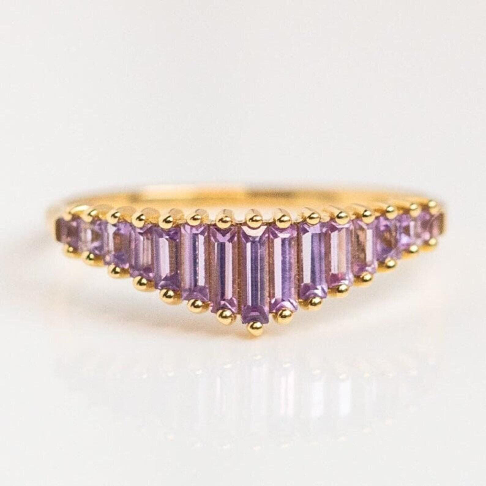 Vintage 18k Gold Baguette-cut Amethyst Wedding Band, Half Amethyst Band, Purple Gemstone Wedding Ring, Customise Jewelry Gift For Loved Ones