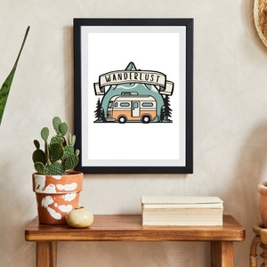 Wanderlust Camper Van Digital Print, Digital Download, Road Trip Artwork, Modern Van Life Print, VW van printable art