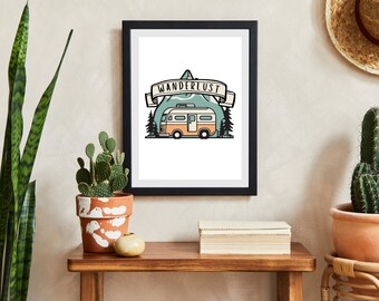 Wanderlust Camper Van Digital Print, Digital Download, Road Trip Artwork, Modern Van Life Print, VW van printable art
