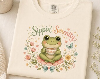 Cute Frog Shirt, Sippin Serenity Comfort Colors Tee, Cottagecore Frog T Shirt, Tea Lover Gift, Whimsical Floral Graphic Tee, Cozy Gift