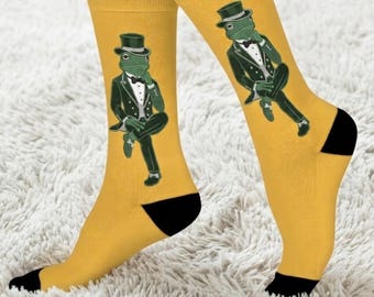 Dapper Frog Socks Mustard Yellow, Vintage Gentleman Faux Embroidery Print, Novelty Groomsman Father Gift, Frog Cottagecore