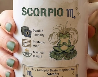 Scorpio Frog Mug Personalized, Custom Name Astrology Coffee Cup, Cottagecore Water Sign Ceramic Mug, Horoscope Birthday Gift For Her