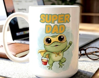 Superhero Frog Mug, Personalized Kids Mug Custom Name Coffee Cup, Super Dad Gift from Son Daughter, Cute Animal Hot Cocoa