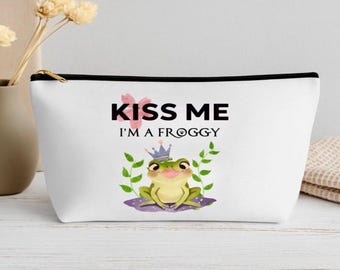 Frog Makeup Bag, Kiss Me I'm A Froggy Cute Zipper Pouch, Cottagecore Travel Bag, Bridesmaid Frog Lover Gift