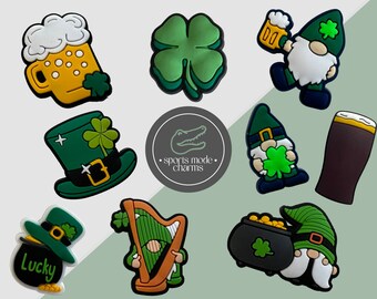 Croc Charm Pin Badge Lindos encantos - Día de San Patricio Paddy Trébol de cuatro hojas Leprechaun Guinness - Niños Caucho Personalizado SportsModeCharms