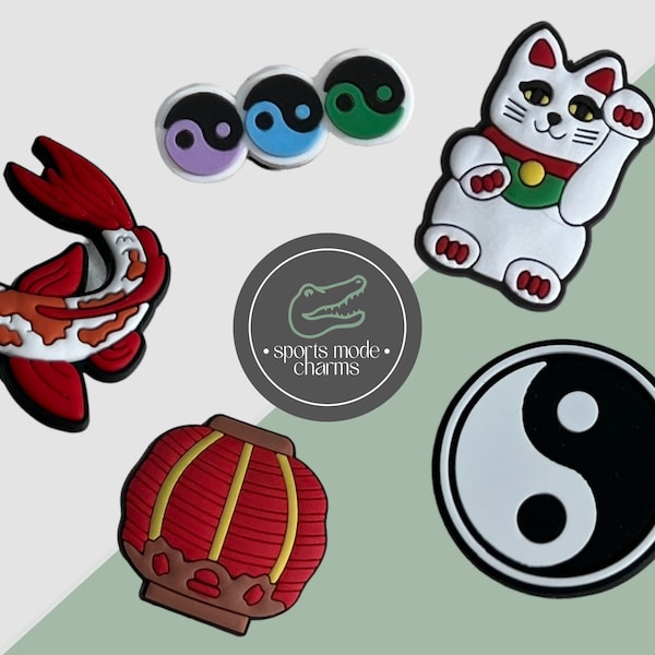 Insigne à breloque croco breloques mignonnes - Asie chat porte-bonheur Ying Yang lanterne chinoise - Caoutchouc enfant personnalisé SportsModeCharms