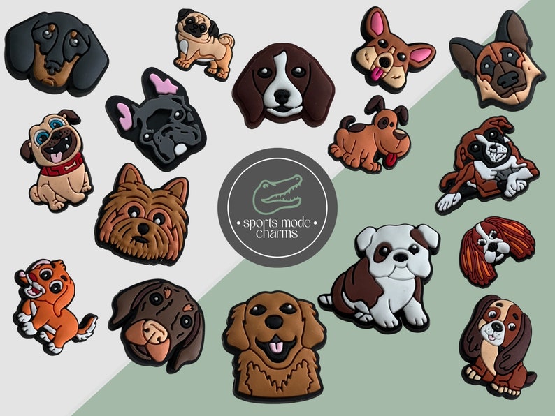 Croc Charm Pin Badge Ciondoli carini Cani Cucciolo Frenchie Labrador Bulldog Bassotto Spaniel Terrier Bambini Gomma SportModeCharms personalizzati immagine 1