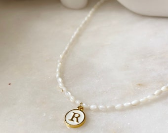 Mother of Pearl Initial Necklace, Custom Letter Charm with Pearl Bead Chain, Layering Necklace, Natural Mother of Pearl, Gold Filled