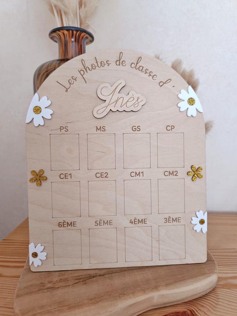 Op de afbeelding: Een boogvormig houten bord voor schoolfoto's met de tekst Les photos de classe d' In&egrave;s. Het bevat twaalf rechthoekige vakken gelabeld met Franse schoolniveaus van PS tot 3&Egrave;ME, versierd met witte en gouden glitterbloemen als decoratie.